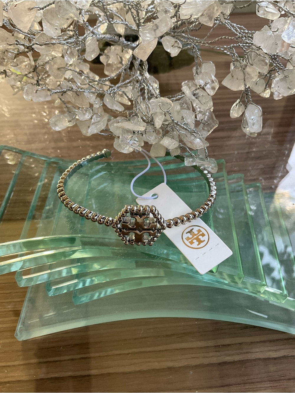 Tory Burch Silver Hexagon Logo Rope Cuff Bracelet